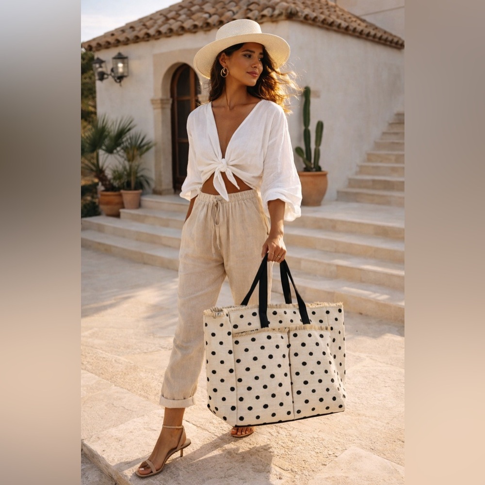 Boho Stylish Polka Dot Tote Bag Cream Black Raffia Straw Summer Beach Bag